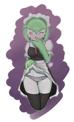 Rule 34 | 1girl, apron, artist name, averting eyes, black dress, black thighhighs, blush, bob cut, border, breasts, closed mouth, clothed pokemon, clothes lift, colored skin, cowboy shot, creatures (company), cropped legs, dress, dress lift, embarrassed, female focus, flashing, game freak, gardevoir, gen 3 pokemon, gera (frdgera), green hair, green skin, grey panties, hair between eyes, hands up, highres, legs together, lifting own clothes, looking to the side, maid, maid headdress, medium breasts, multicolored skin, nintendo, outline, panties, pokemon, pokemon (creature), puffy short sleeves, puffy sleeves, purple background, raised eyebrows, red eyes, short dress, short hair, short sleeves, shy, signature, simple background, skindentation, solo, standing, striped clothes, striped panties, sweat, thighhighs, thighs, two-tone skin, underwear, waist apron, white apron, white border, white outline, white skin
