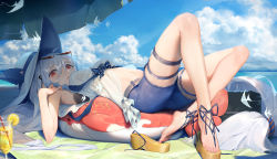 Rule 34 | 1girl, angelfish, arknights, bare arms, bare shoulders, barefoot, beach towel, beach umbrella, belt, blue shorts, blue sky, breasts, canzhajiang, cloud, cup, day, drink, drinking glass, drinking straw, eyewear on head, feet, fish, food, fruit, full body, grey hair, hair between eyes, hat, highres, inflatable orca, inflatable toy, legs, lemon, lemon slice, long hair, looking back, low-tied long hair, medium breasts, navel, official alternate costume, orca hair ornament, outdoors, parted lips, red eyes, sandals, short shorts, shorts, single sandal, skadi (arknights), skadi (waverider) (arknights), sky, solo, stomach, sun hat, sunglasses, thigh strap, toes, towel, tropical fish, umbrella, very long hair, white hat