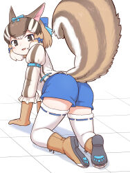 Rule 34 | 0x0082, 1girl, animal ears, boots, brown eyes, brown hair, chipmunk ears, chipmunk girl, chipmunk tail, extra ears, gloves, highres, kemono friends, kemono friends v project, looking at viewer, looking back, ribbon, shirt, short hair, shorts, siberian chipmunk (kemono friends), simple background, solo, tail, thighhighs, vest, virtual youtuber