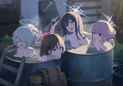 Rule 34 | 4girls, arius squad, asymmetrical bangs, atsuko (blue archive), bag, bathing, black hair, blue archive, blue eyes, blush, breasts, cinder block, closed eyes, closed mouth, collarbone, commentary, completely nude, crying, drum (container), drum bath, ear piercing, earrings, female focus, green eyes, green hair, hair between eyes, hair bun, hair ornament, hair over one eye, hairclip, halo, hands up, highres, hiyori (blue archive), holding, holding knife, image sample, jewelry, knife, ladder, large breasts, leaning back, long hair, looking at viewer, medium breasts, misaki (blue archive), multiple girls, night, nude, official style, open mouth, outdoors, own hands together, parted bangs, parted lips, partially submerged, photo-referenced, piercing, pink hair, pixiv sample, red eyes, same-sex bathing, saori (blue archive), shadow, shared bathing, short hair, sidelocks, sitting, steam, stud earrings, textless version, upper body, water, weapon case, wet, y0ung