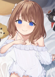 Rule 34 | 1girl, ahoge, arm support, bed sheet, binsen, blue eyes, brown hair, camisole, collarbone, commentary request, eyelashes, flat chest, flower, frills, hair flower, hair ornament, hand on own chest, highres, idolmaster, idolmaster million live!, jewelry, light blush, looking at viewer, medium hair, off-shoulder shirt, off shoulder, on bed, pillow, ring, shirt, sidelocks, sitting, smile, solo, stuffed animal, stuffed cat, stuffed toy, suou momoko, teddy bear, wedding ring, white camisole