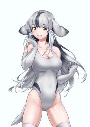 Rule 34 | bare shoulders, bearded seal (kemono friends), black hair, blush, commentary request, competition swimsuit, cowboy shot, elbow gloves, flippers, gloves, grey eyes, grey gloves, grey hair, grey one-piece swimsuit, grey thighhighs, highres, kemono friends, looking at viewer, losmal indicus, multicolored hair, one-piece swimsuit, sleeveless, smile, solo, swimsuit, thighhighs, zettai ryouiki