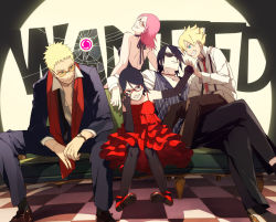 Rule 34 | 10s, 2girls, 3boys, backless outfit, black hair, blonde hair, boruto: naruto next generations, child, cigarette, contemporary, couch, dress, elbow gloves, facial mark, family, father and daughter, father and son, forehead mark, formal, glasses, gloves, grin, hair over one eye, haruno sakura, looking back, mother and daughter, multiple boys, multiple girls, naruto, naruto (series), naruto gaiden, necktie, oba-min, open collar, red-framed eyewear, scarf, short hair, sitting, sitting on lap, sitting on person, smile, smoking, spiked hair, suit, sunglasses, thighhighs, uchiha sarada, uchiha sasuke, uzumaki boruto, uzumaki naruto, watch, whiskers