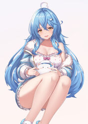 Rule 34 | 1girl, ahoge, blue hair, blue jacket, breasts, camisole, cleavage, colored tips, commentary, crossed bangs, feet out of frame, frilled camisole, frills, fur-trimmed jacket, fur trim, hair between eyes, hair down, highres, hololive, invisible chair, jacket, large breasts, long hair, looking at viewer, messy hair, multicolored hair, official alternate costume, official alternate hairstyle, open mouth, pajamas, partially unzipped, pointy ears, polka dot camisole, single bare shoulder, sitting, sleepwear, slippers, smile, solo, strap slip, streaked hair, striped clothes, striped jacket, very long hair, virtual youtuber, vococo, white camisole, yellow eyes, yukihana lamy, yukimin (yukihana lamy)
