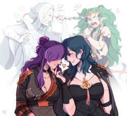 Rule 34 | 1other, 3girls, angry, arval (fire emblem), blue hair, braid, breasts, byleth (female) (fire emblem), byleth (fire emblem), cleavage, couple, fire emblem, fire emblem: three houses, fire emblem warriors: three hopes, forehead-to-forehead, grabbing another&#039;s hair, green hair, hair ribbon, heads together, heart, highres, koobiie, large breasts, long hair, multiple girls, nintendo, pointy ears, purple hair, ribbon, scar, shez (female) (fire emblem), shez (fire emblem), smile, sothis (fire emblem), tiara, upper body, very long hair, white hair, yuri