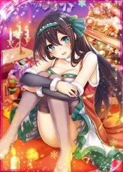 Rule 34 | 1girl, arm warmers, blue eyes, box, breasts, brown hair, candle, candlestand, christmas, christmas tree, collaboration, dress, gift, gift box, hair ornament, hairband, long hair, looking at viewer, medium breasts, no shoes, official art, ray-akila, shinkai no valkyrie, shinki kakusei melty maiden, sitting, snowflakes, surprised, table, thighhighs, white dress