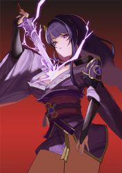 Rule 34 | 1girl, braid, breasts, cleavage, commentary request, flasso, genshin impact, gradient background, hair between eyes, hair ornament, highres, holding, holding sword, holding weapon, human scabbard, japanese clothes, long hair, looking at viewer, low ponytail, obi, parted lips, purple eyes, purple hair, raiden shogun, sash, sidelocks, simple background, single braid, solo, sword, vision (genshin impact), weapon, wide sleeves