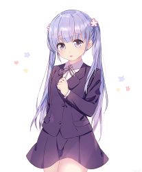 Rule 34 | 10s, 1girl, bad id, bad pixiv id, business suit, buttons, cowboy shot, dorook, flower, formal, hair flower, hair ornament, hand on own chest, jacket, long hair, long sleeves, looking at viewer, neck ribbon, new game!, parted lips, pocket, purple eyes, purple hair, ribbon, simple background, skirt, skirt set, solo, suit, suzukaze aoba, twintails, white background