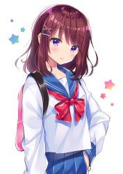 Rule 34 | 1girl, arm at side, backpack, bag, blue skirt, blush, bow, bowtie, closed mouth, hair ornament, hairclip, hand on own hip, long sleeves, looking at viewer, noda shuha, original, pleated skirt, purple hair, red bow, red bowtie, school uniform, serafuku, shirt, short hair, simple background, skirt, smile, solo, star (symbol), tareme, upper body, white background, white shirt, x hair ornament