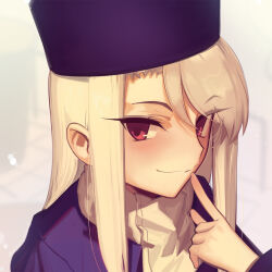 Rule 34 | 1girl, boa (brianoa), coat, commentary, english commentary, fate/stay night, fate (series), finger to mouth, hat, highres, illyasviel von einzbern, long hair, looking at viewer, portrait, purple coat, purple hat, red eyes, scarf, smile, solo, white hair, white scarf