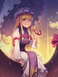 Rule 34 | 1girl, absurdres, blonde hair, bow, breasts, brown eyes, hat, highres, holding, holding umbrella, large breasts, long hair, long sleeves, looking at viewer, mob cap, parted lips, red bow, sitting, smile, solo, teeth, touhou, umbrella, wnehdrl, yakumo yukari