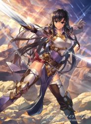 Rule 34 | 1girl, armor, armpits, ayra (fire emblem), belt, black hair, blue eyes, boots, breasts, cuboon, fighting stance, fire emblem, fire emblem: genealogy of the holy war, fire emblem cipher, gloves, holding, holding sword, holding weapon, knee pads, large breasts, long hair, mountain, nintendo, official art, pelvic curtain, shooting star, solo, sunset, sword, thigh boots, thighhighs, thighs, weapon