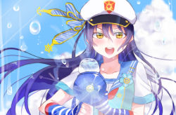 Rule 34 | 1girl, blue gloves, blue hair, chocore, commentary request, fingerless gloves, gloves, gun, hair between eyes, hat, long hair, looking at viewer, love live!, love live! school idol festival, love live! school idol project, open mouth, sailor collar, short sleeves, smile, solo, sonoda umi, striped clothes, striped gloves, toy gun, upper body, water, water gun, weapon, yellow eyes