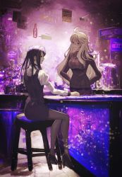 Rule 34 | 2girls, absurdres, ahoge, alcohol, alma armas, bar (place), bar stool, bartender, blonde hair, bottle, commentary request, counter, dark-skinned female, dark skin, drawing, english text, happy, high heels, highres, jill stingray, liquor, long hair, multiple girls, open sign, purple hair, role reversal, sad, spoilers, stool, sweater, takai misa, twintails, va-11 hall-a, wine bottle