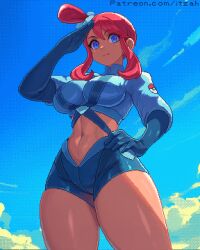 1girl blue_eyes blue_gloves breasts creatures_(company) crop_top game_freak gloves hair_ornament itzah large_breasts navel nintendo pokemon pokemon_bw red_hair short_shorts shorts sidelocks skyla_(pokemon) thick_thighs thighs