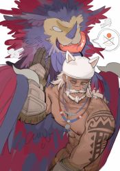 Rule 34 | abs, bara, beard, belly, biceps, blue eyes, dark-skinned male, dark skin, facial hair, final fantasy, final fantasy xiv, headband, highres, hyur, large pectorals, long hair, looking at viewer, lyon rem helsos, male focus, mature male, monster, muscular, muscular male, mustache, nipples, notesonlyonpii, old, old man, pectorals, scar, scar on face, scar on nose, smile, tattoo, topless male, white hair