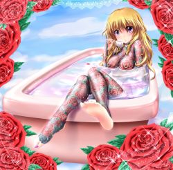 Rule 34 | 1girl, barefoot, bathtub, blonde hair, blush, breasts, feet, flower, full-body tattoo, highres, holding, long hair, looking at viewer, medium breasts, nipple piercing, nipples, nude, partially submerged, petals, piercing, purple eyes, red flower, red rose, rose, seiji (artist), shiny skin, sitting, soles, solo, tattoo, toes