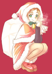 Rule 34 | 1girl, bell, breath, brown hair, capelet, christmas, closed mouth, commentary, dress, fur-trimmed capelet, fur-trimmed dress, fur-trimmed footwear, fur trim, go! princess precure, green eyes, haruno haruka, holding, holding sack, holly, hood, hood up, hooded capelet, jj (ssspulse), long sleeves, looking at viewer, neck bell, over shoulder, precure, red background, red capelet, red dress, red footwear, sack, santa dress, shoes, short dress, simple background, smile, solo, squatting, swept bangs
