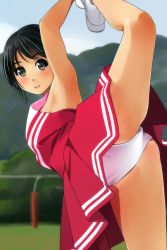 Rule 34 | 1girl, arm up, armpits, bare arms, bare shoulders, black hair, blue sky, blush, day, dress, flexible, from below, green eyes, highres, leg up, legs together, looking at viewer, matsunaga kouyou, no socks, open mouth, original, outdoors, panties, pink dress, round teeth, shoes, sky, sleeveless, sleeveless dress, solo, split, spread legs, standing, standing on one leg, stretching, tareme, teeth, thighs, underwear, upskirt, white footwear, white panties