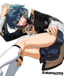 Rule 34 | 1boy, absurdres, asymmetrical bangs, bare legs, bishounen, blue hair, bulge, commentary, commentary request, condom, condom in mouth, condom wrapper, frilled shirt collar, frills, genshin impact, hand in own hair, highres, jeongchebulmyeongingan, lying, male focus, mouth hold, on side, solo, xingqiu (genshin impact), yellow eyes