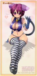Rule 34 | 1girl, animal ears, bell, breasts, cat ears, cat tail, center opening, collar, gloves, halterneck, halterneck, heart, large breasts, looking at viewer, no bra, purple eyes, purple hair, short hair, solo, striped, tail, thighhighs, togusa masamu, v