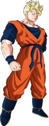 Rule 34 | 1boy, amputee, black footwear, blonde hair, blue eyes, boots, clenched hand, closed mouth, dougi, dragon ball, dragonball z, full body, highres, male focus, muscular, scar, serious, solo, son gohan, son gohan (future), spiked hair, standing, super saiyan, wristband