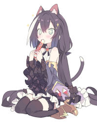 Rule 34 | 1girl, animal ear fluff, animal ears, black hair, black thighhighs, blade (galaxist), blue eyes, blush, brown footwear, cat ears, cat girl, cat tail, ciao churu, detached sleeves, dress, food, frilled sleeves, frills, full body, karyl (princess connect!), long hair, low twintails, multicolored clothes, multicolored dress, multicolored hair, pet food, princess connect!, simple background, sitting, sleeveless, sleeveless dress, solo, sparkle, streaked hair, tail, thighhighs, twintails, white background, white hair
