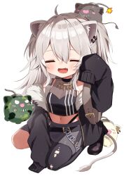 Rule 34 | 1girl, :d, aged down, animal ear fluff, animal ears, black jacket, blush, cleavage, closed eyes, crop top, ear piercing, fang, full body, grey hair, highres, hololive, jacket, lion ears, lion tail, long hair, long sleeves, midriff, navel, noi mine, open clothes, open jacket, open mouth, pantyhose, piercing, see-through, see-through cleavage, shishiro botan, shishiro botan (1st costume), single leg pantyhose, sitting, skin fang, sleeves past fingers, sleeves past wrists, smile, solo, ssrb (shishiro botan), tail, torn clothes, torn pantyhose, virtual youtuber
