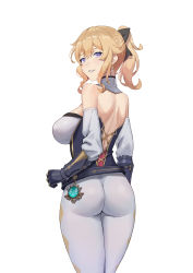 Rule 34 | 1girl, absurdres, alternate breast size, ass, bare shoulders, blonde hair, blush, bow, breasts, corset, detached sleeves, freedomexvss, from behind, genshin impact, gloves, hair bow, half-closed eyes, highres, jean (genshin impact), large breasts, long hair, looking at viewer, looking back, pants, parted lips, ponytail, purple eyes, shiny clothes, shiny skin, sideboob, simple background, smile, solo, tight clothes, tight pants, white background