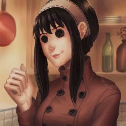 Rule 34 | 1girl, artist logo, artist name, black hair, bottle, button eyes, buttons, closed mouth, coat, coraline, dated, frying pan, hairband, hand up, indoors, kaorien, kitchen, light smile, medium hair, plate, plate stack, shelf, spy x family, upper body, watermark, yor briar