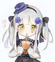 Rule 34 | 1girl, black bow, black hairband, black skirt, blue headwear, blush, bow, bubble tea, checkered bow, checkered clothes, closed mouth, collared shirt, commentary, cup, disposable cup, drinking, drinking straw, facial mark, girls&#039; frontline, green eyes, grey background, hair bow, hair ornament, hairband, hat, heart, highres, hk416 (black kitty&#039;s gift) (girls&#039; frontline), hk416 (girls&#039; frontline), holding, holding cup, long hair, long sleeves, meow nyang, mini hat, official alternate costume, shirt, silver hair, simple background, skirt, sleeves past wrists, solo, tilted headwear, twintails, white shirt