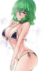 Rule 34 | 1girl, bare arms, bare shoulders, bikini, black bikini, breasts, commentary request, cowboy shot, green hair, hair between eyes, hand up, highres, kazami yuuka, large breasts, looking at viewer, one-hour drawing challenge, parted lips, red eyes, short hair, simple background, solo, standing, stomach, swimsuit, thighs, touhou, white background, y2