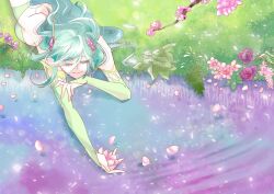 Rule 34 | 1girl, aged up, branch, breasts, closed mouth, dated, detached sleeves, final fantasy, final fantasy iv, green hair, hair ornament, highres, large breasts, leaf, long hair, nekomrao, rydia (ff4), sideboob, smile, solo, water