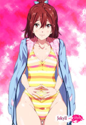 Rule 34 | 10s, 1girl, casual one-piece swimsuit, collarbone, free!, hair between eyes, highleg, highleg swimsuit, hood, hoodie, jacket, jacket on shoulders, matsuoka gou, mizuki makoto, one-piece swimsuit, open clothes, open hoodie, pink background, ponytail, solo, steepled fingers, striped clothes, striped one-piece swimsuit, swimsuit