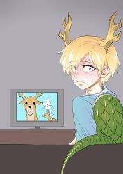 Rule 34 | 1girl, absurdres, antlers, blonde hair, blue shirt, blush, caught, closed mouth, commentary request, constricted pupils, deer, dragon tail, eyes visible through hair, from behind, frown, hair between eyes, hair over one eye, highres, horns, implied futanari, implied masturbation, kicchou yachie, looking at viewer, looking back, nervous sweating, red eyes, shirt, short hair, solo, suggestive fluid, sweat, tail, television, terumaeromae, touhou, turtle shell, upper body