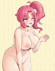 Rule 34 | 1girl, artist request, ass, blush, breasts, completely nude, covering crotch, covering privates, crush crush, huge breasts, nude, one eye closed, pink eyes, pink hair, side ponytail, source request, tongue, tongue out, wendy (crush crush), wide hips