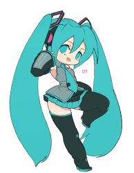 Rule 34 | 1girl, black footwear, black skirt, blue necktie, boots, breasts, collared shirt, full body, grey shirt, hair between eyes, hatsune miku, highres, leaning back, long hair, necktie, open mouth, rikona, shirt, simple background, skirt, sleeveless, sleeveless shirt, sleeves past wrists, small breasts, smile, solo, standing, standing on one leg, thigh boots, twintails, very long hair, vocaloid, white background, wide hips