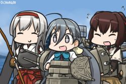 Rule 34 | + +, 10s, 3girls, :d, ahoge, blue sky, blush, bow, bow (weapon), bowtie, commentary, dated, day, closed eyes, flying sweatdrops, grey hair, hair between eyes, hairband, hamu koutarou, ise (kancolle), japanese clothes, kantai collection, kiyoshimo (kancolle), long hair, low twintails, multiple girls, muneate, ocean, open mouth, ribbon-trimmed sleeves, ribbon trim, shoukaku (kancolle), sky, smile, sparkling eyes, sweat, sword, twintails, undershirt, weapon, white hair