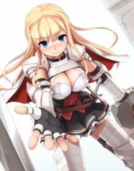 Rule 34 | 1girl, armor, blonde hair, blue eyes, blunt bangs, blush, breasts, cape, cleavage, eto, fingerless gloves, gauntlets, gloves, greaves, highres, large breasts, leaning forward, long hair, looking at viewer, md5 mismatch, original, outstretched hand, pauldrons, resized, resolution mismatch, shoulder armor, skirt, smile, solo, source smaller, sword, upscaled, weapon