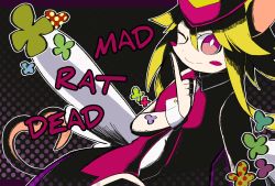 Rule 34 | 1girl, animal ears, blush stickers, green hair, hat, highres, leotard, mad rat dead, mouse (animal), mouse ears, mouse girl, mouse tail, nippon ichi, rat god, red eyes, tail, tie clip, top hat, wings, wrist cuffs