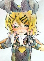 Rule 34 | 1girl, bikkuuri ottamageruta, black star (module), blonde hair, blush, bow, colored pencil (medium), facing viewer, fingerless gloves, gloves, gold trim, green eyes, hair between eyes, hair bow, hair ornament, hairclip, highres, holding, holding clothes, holding panties, holding underwear, kagamine rin, kodoku no hate (vocaloid), looking at viewer, panties, unworn panties, project diva (series), sawashi (ur-sawasi), sexually suggestive, short hair, showing off, solo, tagme, traditional media, underwear, vest, vocaloid, white panties