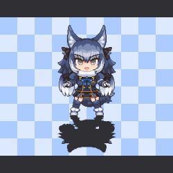 Rule 34 | 1girl, animal ears, animated, blazer, blue background, blue hair, bow, bowtie, dire wolf (kemono friends), extra ears, gloves, grey eyes, highres, jacket, kemono friends, kemono friends v project, kneehighs, long hair, looking at viewer, midoribox, pixel art, ribbon, shoes, simple background, skirt, socks, solo, tagme, tail, twintails, video, virtual youtuber, wolf ears, wolf girl, wolf tail