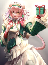 Rule 34 | 1girl, absurdres, angel wings, animal ears, arknights, bow, braid, candy, candy cane, cat ears, cat girl, cat tail, fake wings, floppy ears, flower, food, fur-trimmed sleeves, fur-trimmed sweater, fur trim, gift, goldenglow (arknights), goldenglow (maiden for the bright night) (arknights), green bow, green sleeves, green sweater, hair bow, hairband, highres, holding, holding gift, holly, kurosabi neko, long sleeves, looking at viewer, official alternate costume, orange eyes, pink hair, poinsettia, pom pom (clothes), print hairband, red bow, red hairband, shirt, skirt, smile, solo, sweater, tail, tail bow, tail ornament, white skirt, wings