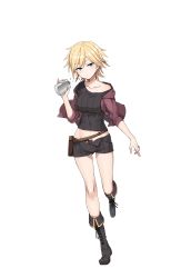 Rule 34 | 1girl, black footwear, blonde hair, dizzy durand, flask, full body, grey eyes, groin, highres, looking at viewer, official art, open fly, pouch, princess principal, princess principal game of mission, ribbed shirt, shirt, short hair, shorts, simple background, solo, standing, standing on one leg, transparent background