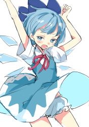 Rule 34 | 1girl, :o, arms up, bloomers, blue bow, blue dress, blue eyes, blue hair, blush, bow, cirno, clothes lift, collared shirt, cowboy shot, dress, dress lift, flat chest, hair bow, highres, ice, ice wings, looking to the side, neck ribbon, open mouth, outstretched arms, panties, pantyshot, paragasu (parags112), pinafore dress, puffy short sleeves, puffy sleeves, red ribbon, ribbon, shirt, short hair, short sleeves, simple background, sleeveless dress, solo, stretching, touhou, underwear, v-shaped eyebrows, white background, white bloomers, white shirt, wind, wind lift, wings, yawning