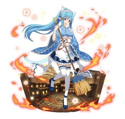 Rule 34 | 1girl, :d, alternate costume, animal ears, apron, asuna (sao-alo), blue eyes, blue footwear, blue hair, blue kimono, blue skirt, broom, cat ears, cat tail, enmaided, faux figurine, fire, floating hair, frilled skirt, frilled sleeves, frilled thighhighs, frills, full body, hair ornament, high ponytail, holding, holding broom, japanese clothes, kimono, leg up, long hair, looking at viewer, maid, miniskirt, open mouth, pointy ears, simple background, skirt, smile, solo, standing, standing on one leg, striped clothes, striped skirt, sword art online, tail, thighhighs, vertical-striped clothes, vertical-striped skirt, very long hair, wa maid, white apron, white background, white thighhighs, zettai ryouiki