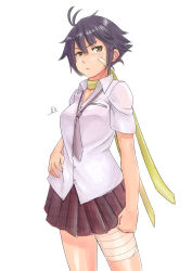 Rule 34 | 1girl, alternate costume, antenna hair, bandages, bandaid, bandaid on face, black hair, blush, breasts, brown eyes, choker, clenched hand, cowboy shot, hand on own hip, highres, loose necktie, makoto (street fighter), necktie, pleated skirt, ribbon choker, school uniform, short hair, simple background, skirt, solo, street fighter, street fighter iv (series), teresa007, unmoving pattern