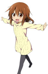 Rule 34 | 10s, 1girl, :d, alternate costume, aran sweater, black pantyhose, brown hair, cable knit, fang, hair ornament, hairclip, ikazuchi (kancolle), kantai collection, miyako hito, open mouth, outstretched arms, pantyhose, short hair, simple background, smile, solo, spread arms, sweater, turtleneck, white background