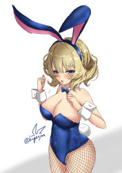 Rule 34 | 1girl, animal ears, blonde hair, blue bow, blue bowtie, blue eyes, blue leotard, bow, bowtie, braid, breasts, colorado (kancolle), commentary request, cowboy shot, detached collar, fake animal ears, fishnet pantyhose, fishnets, highres, kantai collection, kuga zankurou, large breasts, leotard, one-hour drawing challenge, pantyhose, playboy bunny, rabbit ears, rabbit tail, short hair, side braids, simple background, solo, strapless, strapless leotard, tail, twitter username, white background, wrist cuffs