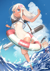 Rule 34 | &gt; &lt;, 10s, 2girls, :3, :d, assisted exposure, blonde hair, bottomless, breasts, closed eyes, clothes theft, convenient censoring, crop top, dark-skinned female, dark skin, fang, gradient background, highres, holding, holding clothes, holding swimsuit, i-58 (kancolle), kantai collection, lifebuoy, long hair, multiple girls, naitou ryuu, navel, no bra, one-piece tan, open mouth, revision, ro-500 (kancolle), school swimsuit, small breasts, smile, swim ring, swimsuit, tan, tanline, theft, torpedo, twitter username, underboob, unworn swimsuit, water
